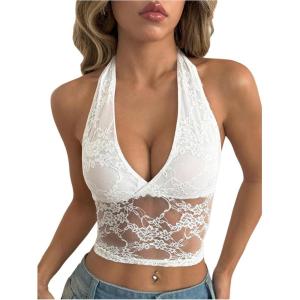 imageMakeMeChic Womens Halter Tops Mesh Lace Sexy Cute Summer Crop Tank TopWhite a