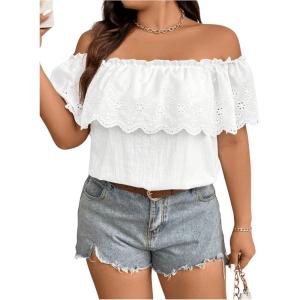 imageMakeMeChic Womens Off The Shoulder Tops Short Sleeve Loose Lace Summer TopWhiteplus