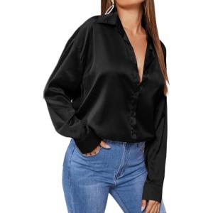 imageMakeMeChic Womens Satin Silk Long Sleeve Blouse Button Down Shirt Casual TopAa Black