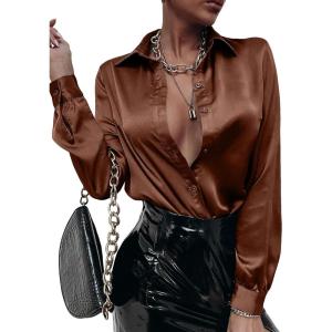 imageMakeMeChic Womens Satin Silk Long Sleeve Blouse Button Down Shirt Casual TopBrown