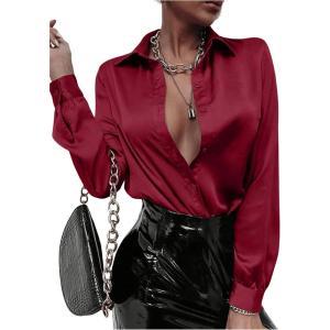 imageMakeMeChic Womens Satin Silk Long Sleeve Blouse Button Down Shirt Casual TopBurgundy