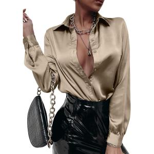 imageMakeMeChic Womens Satin Silk Long Sleeve Blouse Button Down Shirt Casual TopChampagne B
