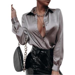 imageMakeMeChic Womens Satin Silk Long Sleeve Blouse Button Down Shirt Casual TopDark Grey B