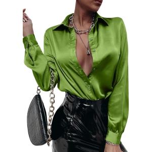 imageMakeMeChic Womens Satin Silk Long Sleeve Blouse Button Down Shirt Casual TopLime Green