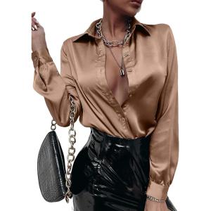 imageMakeMeChic Womens Satin Silk Long Sleeve Blouse Button Down Shirt Casual TopMocha Brown