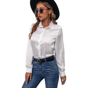 imageMakeMeChic Womens Satin Silk Long Sleeve Blouse Button Down Shirt Casual TopWhite a