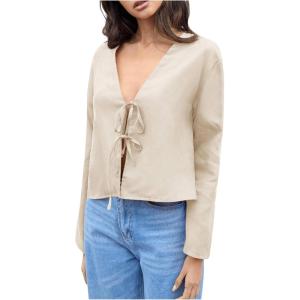 imageMakeMeChic Womens Tie Front Tops Bell Sleeve Y2k Deep V Neck Linen Shirt BlouseBeige