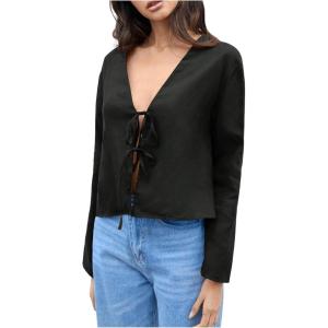 imageMakeMeChic Womens Tie Front Tops Bell Sleeve Y2k Deep V Neck Linen Shirt BlouseBlack
