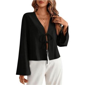 imageMakeMeChic Womens Tie Front Tops Bell Sleeve Y2k Deep V Neck Linen Shirt BlouseBlack B