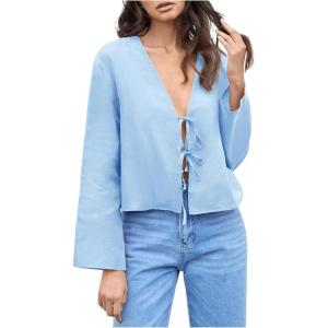 imageMakeMeChic Womens Tie Front Tops Bell Sleeve Y2k Deep V Neck Linen Shirt BlouseBlue