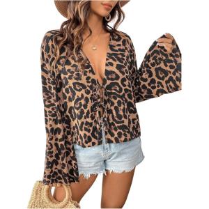 imageMakeMeChic Womens Tie Front Tops Bell Sleeve Y2k Deep V Neck Linen Shirt BlouseBrown Leopard Print