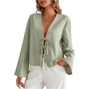 imageMakeMeChic Womens Tie Front Tops Bell Sleeve Y2k Deep V Neck Linen Shirt BlouseGreen
