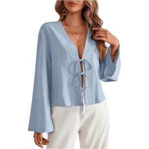 imageMakeMeChic Womens Tie Front Tops Bell Sleeve Y2k Deep V Neck Linen Shirt BlouseLight Blue B
