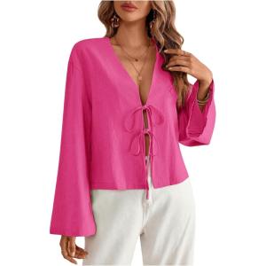 imageMakeMeChic Womens Tie Front Tops Bell Sleeve Y2k Deep V Neck Linen Shirt BlousePink B