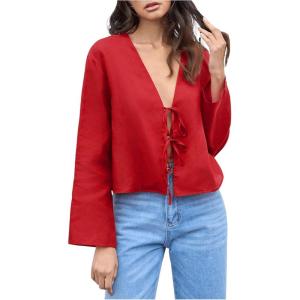 imageMakeMeChic Womens Tie Front Tops Bell Sleeve Y2k Deep V Neck Linen Shirt BlouseRed