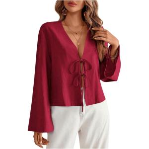imageMakeMeChic Womens Tie Front Tops Bell Sleeve Y2k Deep V Neck Linen Shirt BlouseRed B