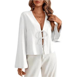 imageMakeMeChic Womens Tie Front Tops Bell Sleeve Y2k Deep V Neck Linen Shirt BlouseWhite B