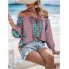 imageMakeMeChic Womens Off The Shoulder Tops Lantern Sleeve Ruched Tie Front Floral Boho Top BlouseBlue and Pink