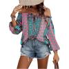 imageMakeMeChic Womens Off The Shoulder Tops Lantern Sleeve Ruched Tie Front Floral Boho Top BlouseBlue and Pink