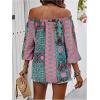 imageMakeMeChic Womens Off The Shoulder Tops Lantern Sleeve Ruched Tie Front Floral Boho Top BlouseBlue and Pink