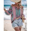 imageMakeMeChic Womens Off The Shoulder Tops Lantern Sleeve Ruched Tie Front Floral Boho Top BlouseBlue and Pink