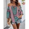 imageMakeMeChic Womens Off The Shoulder Tops Lantern Sleeve Ruched Tie Front Floral Boho Top BlouseBlue and Pink