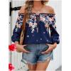 imageMakeMeChic Womens Off The Shoulder Tops Lantern Sleeve Ruched Tie Front Floral Boho Top BlouseFloral Dark Blue