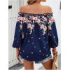 imageMakeMeChic Womens Off The Shoulder Tops Lantern Sleeve Ruched Tie Front Floral Boho Top BlouseFloral Dark Blue