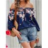 imageMakeMeChic Womens Off The Shoulder Tops Lantern Sleeve Ruched Tie Front Floral Boho Top BlouseFloral Dark Blue