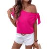 imageMakeMeChic Womens One Shoulder Solid Asymmetrical Neck Short Sleeve Summer Shirt Casual Blouse TopsHot Pink