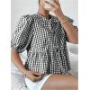 imageMakeMeChic Womens Plaid Gingham Bow Blouse Puff Sleeve Crew Neck Ruffle Hem Blouses TopBlack and White