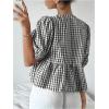 imageMakeMeChic Womens Plaid Gingham Bow Blouse Puff Sleeve Crew Neck Ruffle Hem Blouses TopBlack and White