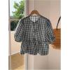 imageMakeMeChic Womens Plaid Gingham Bow Blouse Puff Sleeve Crew Neck Ruffle Hem Blouses TopBlack and White