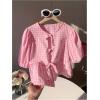 imageMakeMeChic Womens Plaid Gingham Bow Blouse Puff Sleeve Crew Neck Ruffle Hem Blouses TopPink