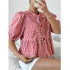 imageMakeMeChic Womens Plaid Gingham Bow Blouse Puff Sleeve Crew Neck Ruffle Hem Blouses TopRed and White
