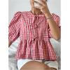 imageMakeMeChic Womens Plaid Gingham Bow Blouse Puff Sleeve Crew Neck Ruffle Hem Blouses TopRed and White