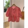 imageMakeMeChic Womens Plaid Gingham Bow Blouse Puff Sleeve Crew Neck Ruffle Hem Blouses TopRed and White