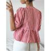 imageMakeMeChic Womens Plaid Gingham Bow Blouse Puff Sleeve Crew Neck Ruffle Hem Blouses TopRed and White