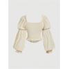 imageMakeMeChic Womens Renaissance Peasant Corset Tops Puff Long Sleeve Ruched Bust Ruffled Peplum Sweetheart BlouseBeige