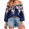 imageMakeMeChic Womens Off The Shoulder Tops Lantern Sleeve Ruched Tie Front Floral Boho Top BlouseFloral Dark Blue