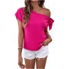 imageMakeMeChic Womens One Shoulder Solid Asymmetrical Neck Short Sleeve Summer Shirt Casual Blouse TopsHot Pink