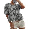 imageMakeMeChic Womens Plaid Gingham Bow Blouse Puff Sleeve Crew Neck Ruffle Hem Blouses TopBlack and White