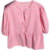 imageMakeMeChic Womens Plaid Gingham Bow Blouse Puff Sleeve Crew Neck Ruffle Hem Blouses TopPink