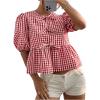 imageMakeMeChic Womens Plaid Gingham Bow Blouse Puff Sleeve Crew Neck Ruffle Hem Blouses TopRed and White