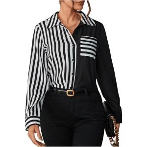 imageMakeMeChic Womens Casual Striped Button Down Long Sleeve Shirts Blouse TopBlack White Striped