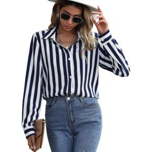 imageMakeMeChic Womens Casual Striped Button Down Long Sleeve Shirts Blouse TopNavy Blue Striped
