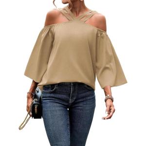 imageMakeMeChic Womens Cold Shoulder Blouse Halter Flare 34 Sleeve Loose Shirt Summer Dressy TopApricot