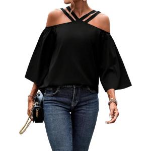 imageMakeMeChic Womens Cold Shoulder Blouse Halter Flare 34 Sleeve Loose Shirt Summer Dressy TopBlack