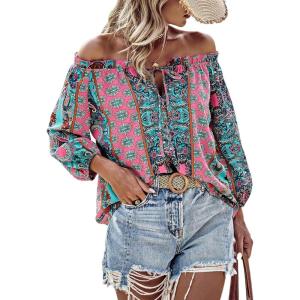 imageMakeMeChic Womens Off The Shoulder Tops Lantern Sleeve Ruched Tie Front Floral Boho Top BlouseBlue and Pink