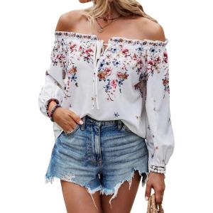 imageMakeMeChic Womens Off The Shoulder Tops Lantern Sleeve Ruched Tie Front Floral Boho Top BlouseFloral White